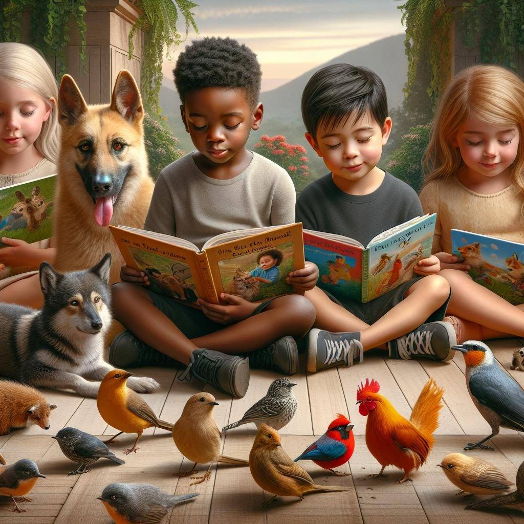 Children reading to animals.