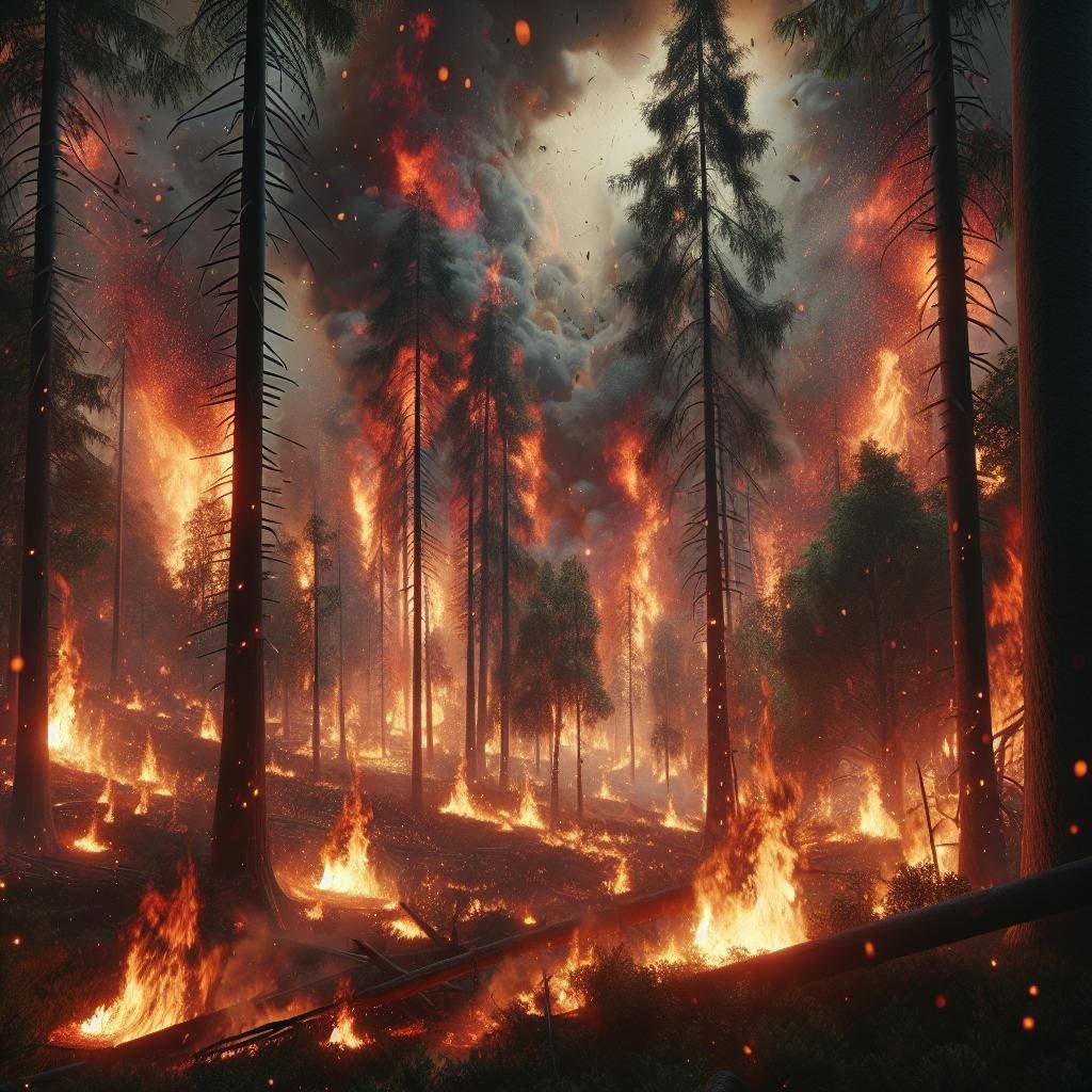 Wildfire engulfing forest scene