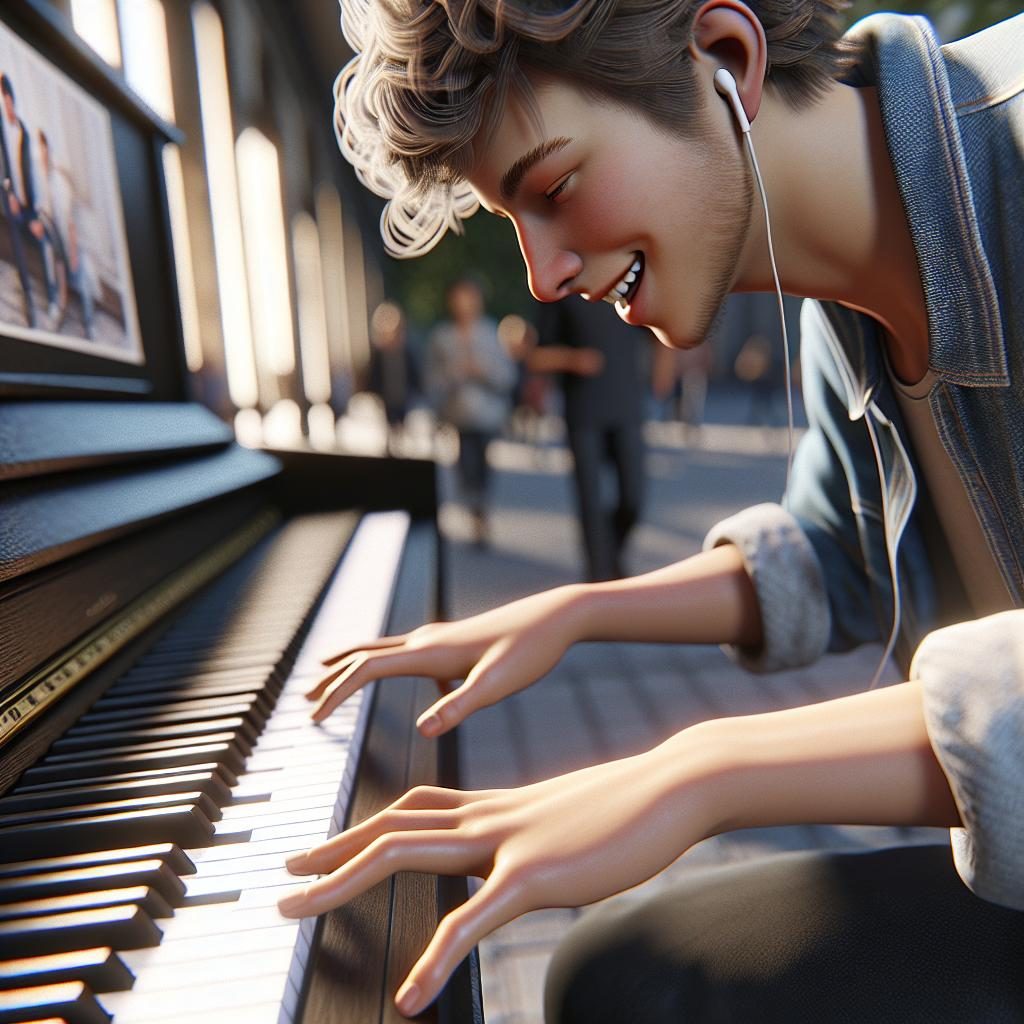 Teen playing public piano.