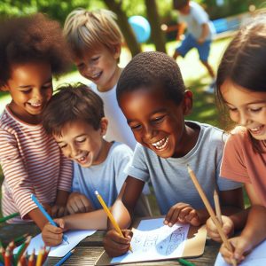 "Happy kids studying outdoors"