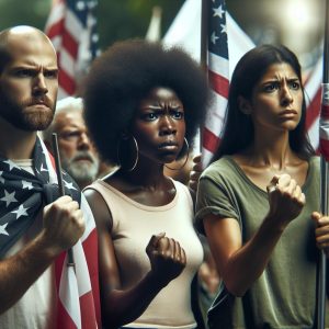 Angry protester with flag.