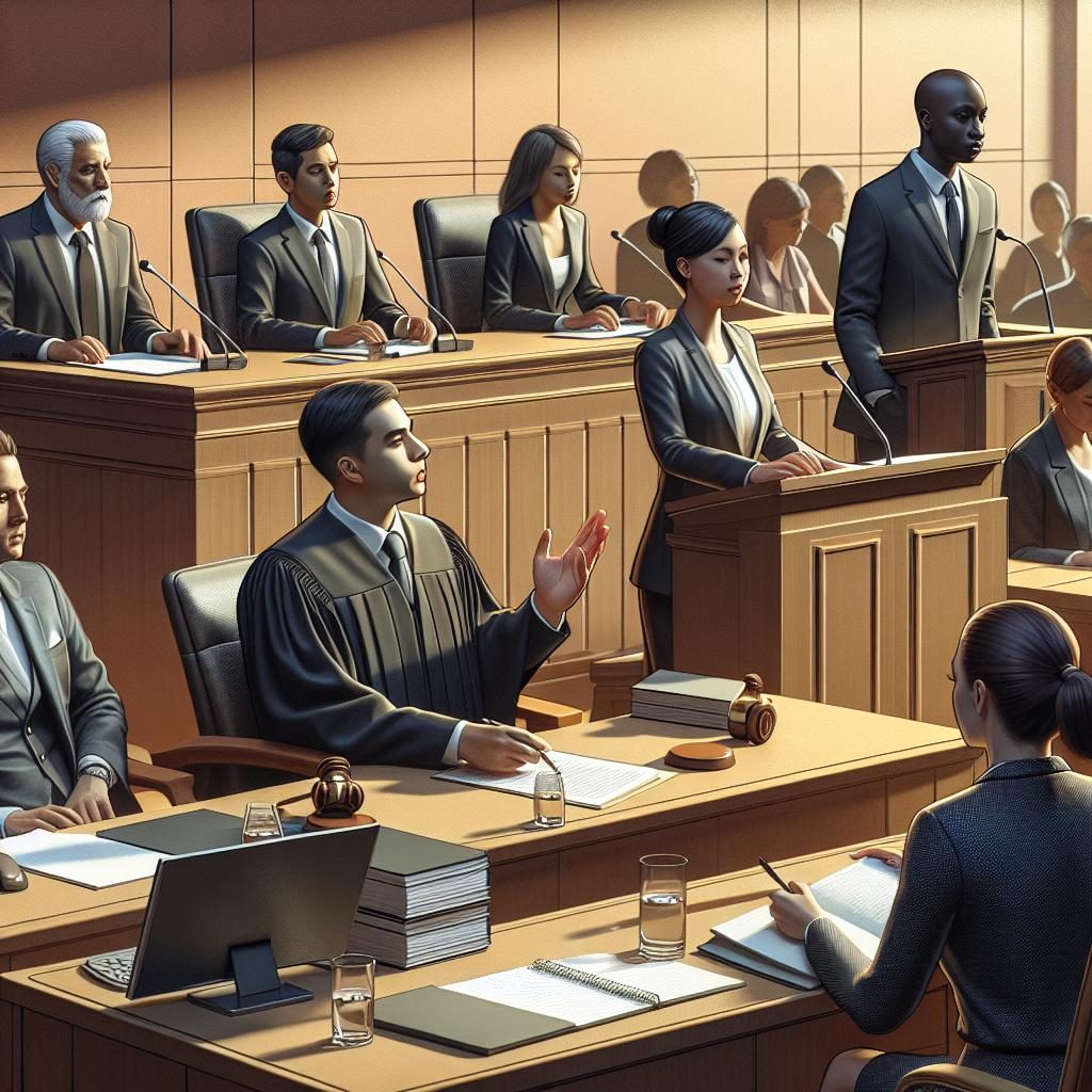 Courtroom trial scene illustration.