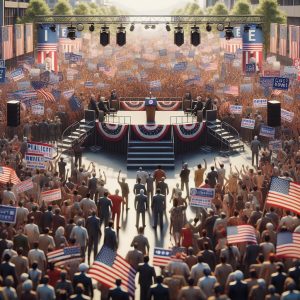 "Political campaign rally scene"