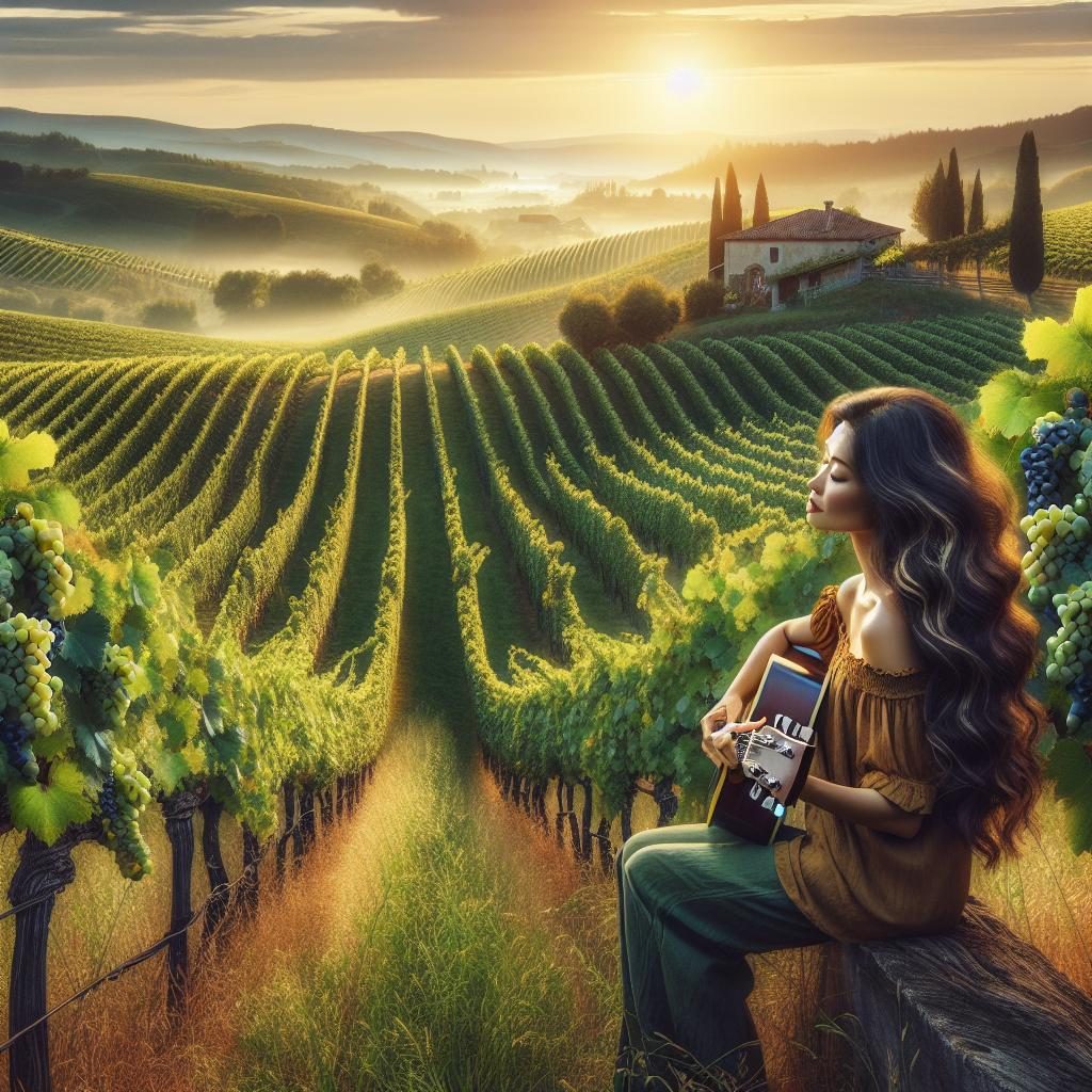 Guitarist in vineyard landscape.