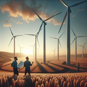 Wind turbines in fields.