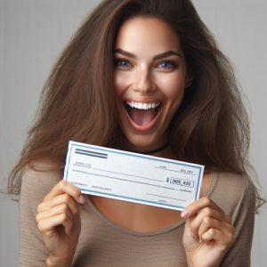 Excited woman with check.