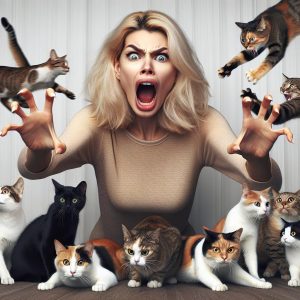 Angry woman scaring cats.