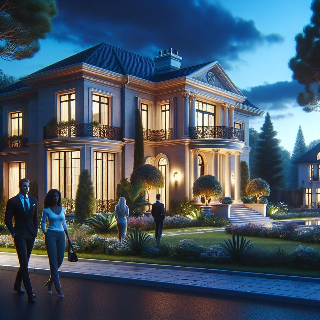 Luxury mansion exterior at dusk