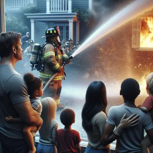 Family Watching Firefighters Hosing