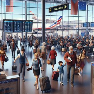 Crowded airport evacuation scene