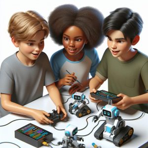 Children programming robots together