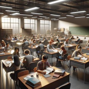 Students in empty classroom.