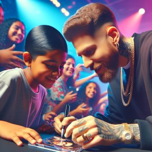 Rapper meeting young fan.