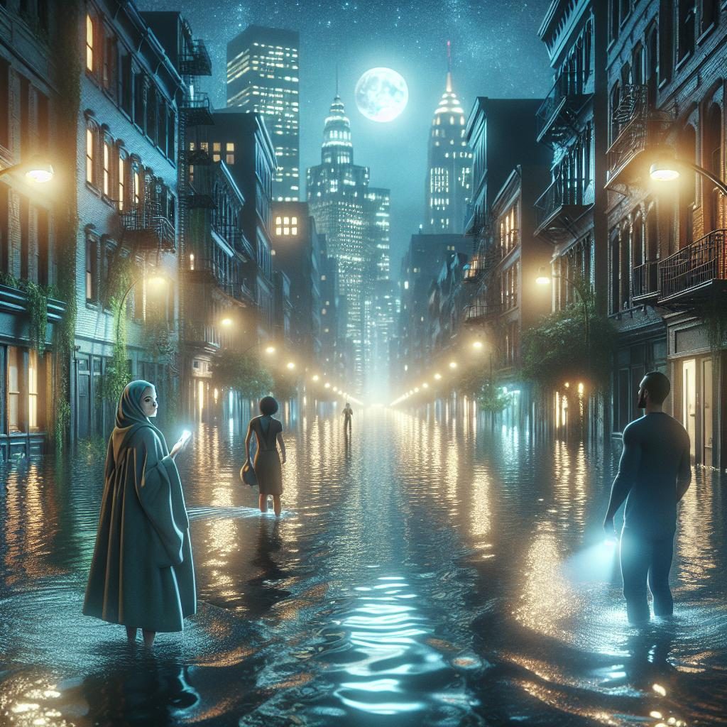 Flooded city streets at night