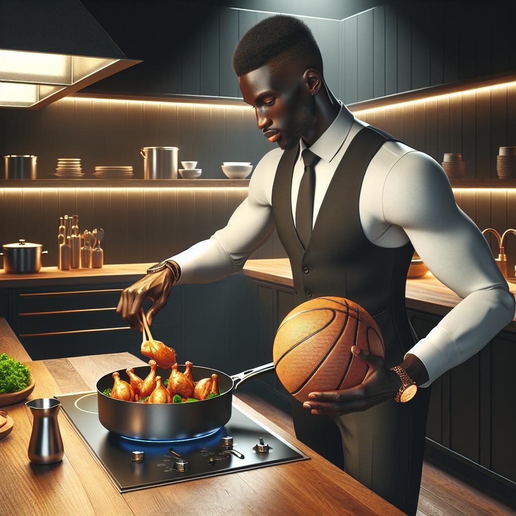 Basketball star cooks chicken.