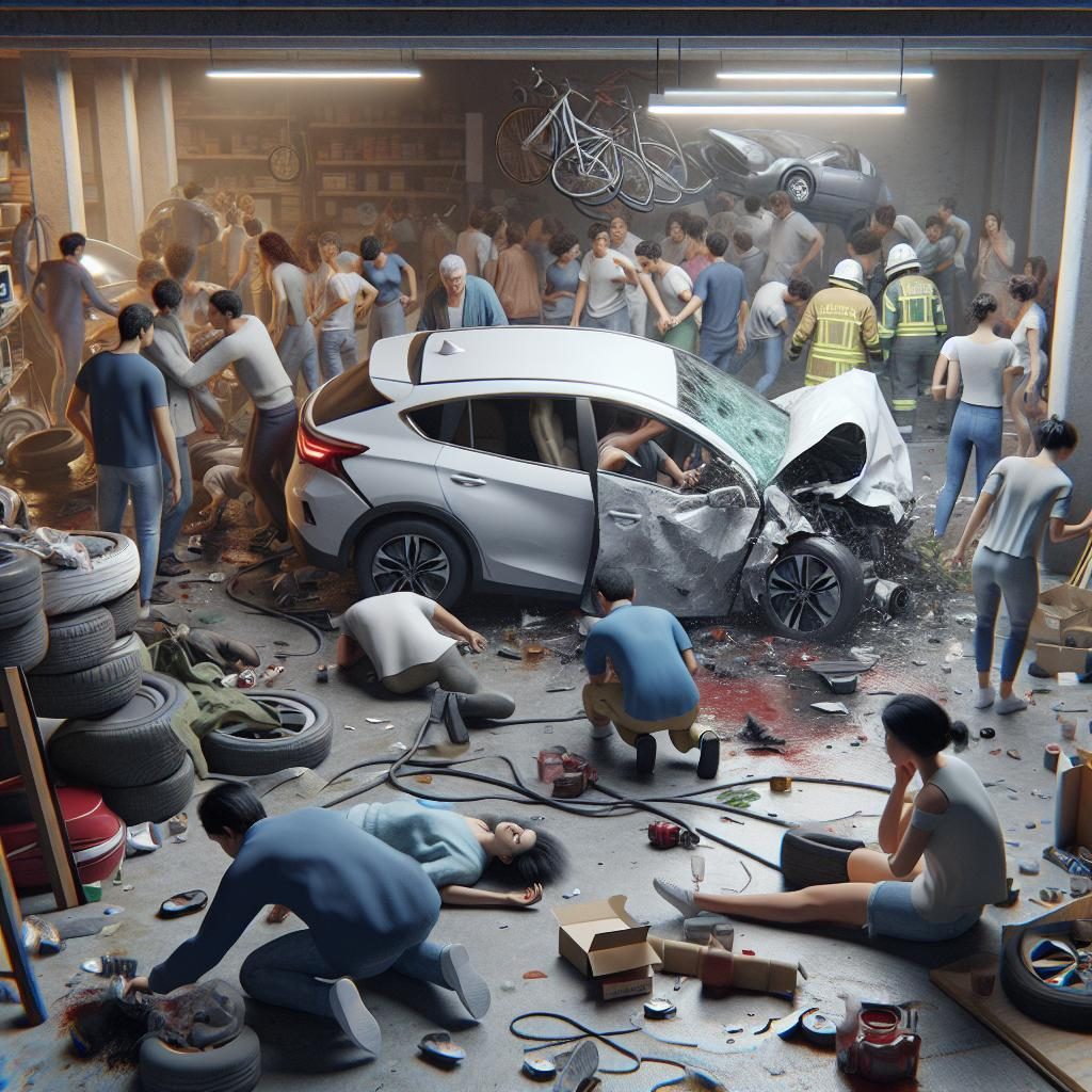 Car crash garage chaos.