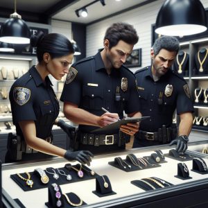 Police examining jewelry display.