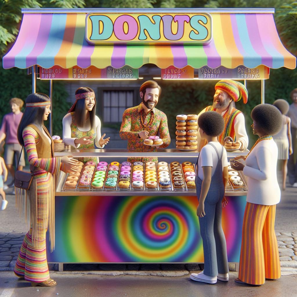 Colorful hippie donuts stall.