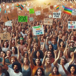 Vibrant crowd with signs