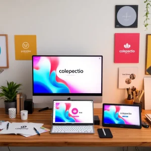 Creative workspace with digital branding tools and designs.