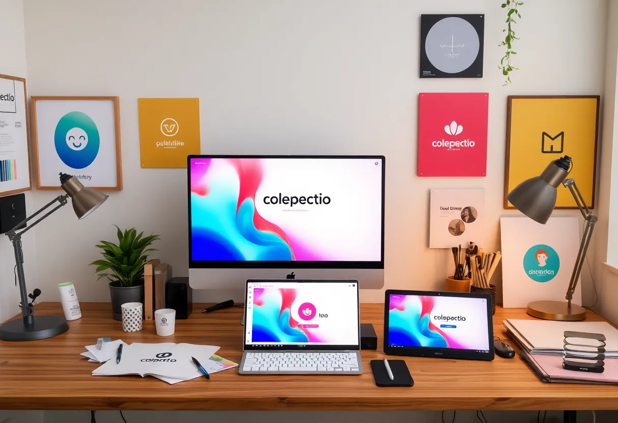 Creative workspace with digital branding tools and designs.