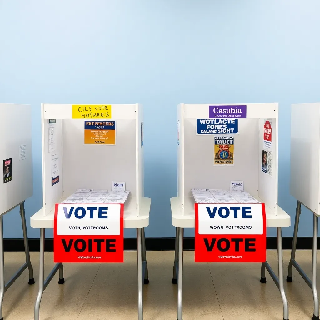 Voting booths with ballots and campaign materials displayed.