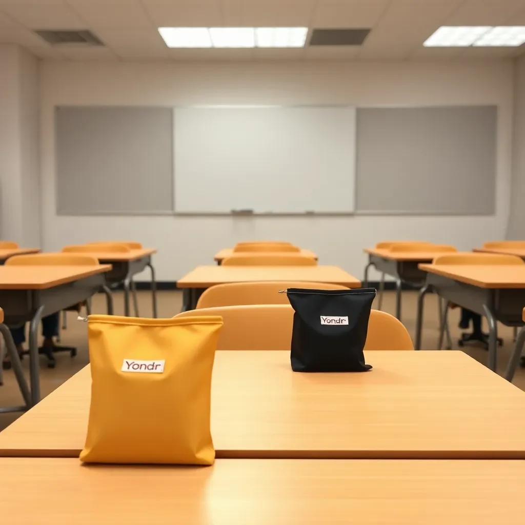 Silent classroom with Yondr pouches on desks.