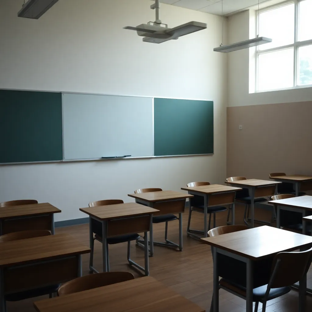 Classroom with empty desks and a somber atmosphere.