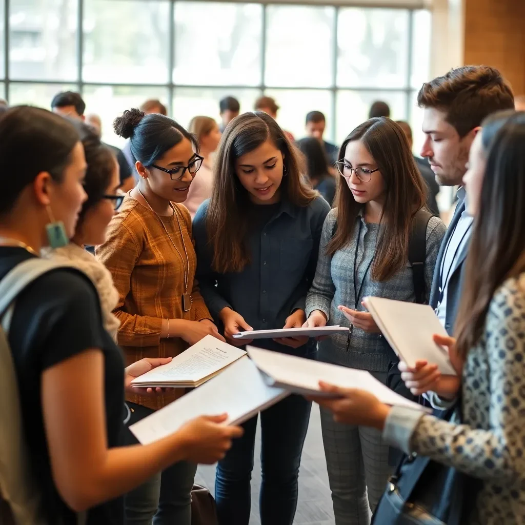 Diverse group discussing documents in a university setting.