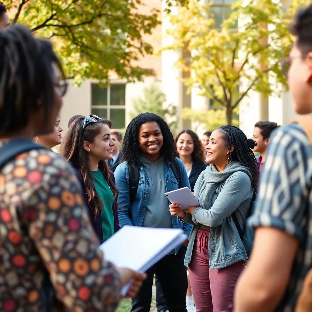 University campus in discussion, diverse students in echoing dialogue.