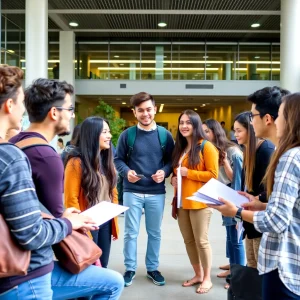 Group of students discussing in a university setting.