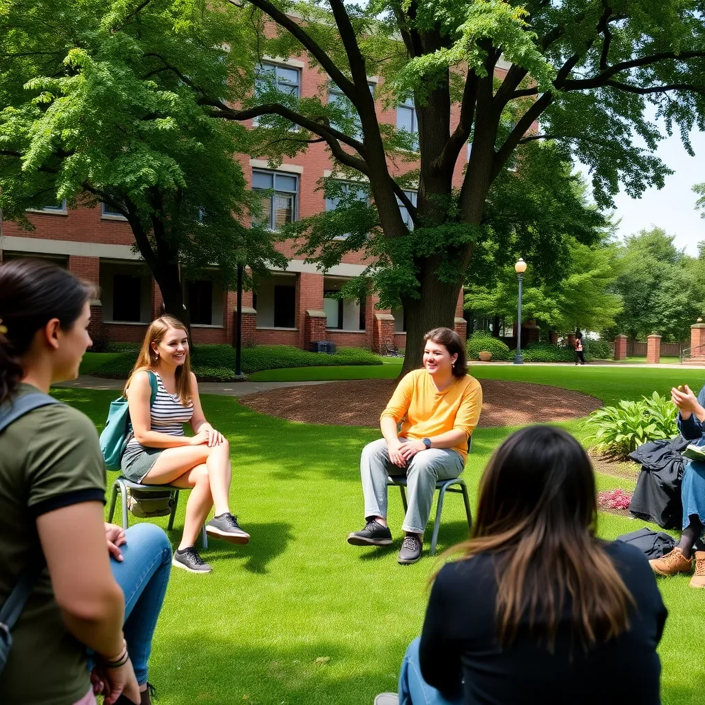 University campus with students discussing community responsibility and ethics.