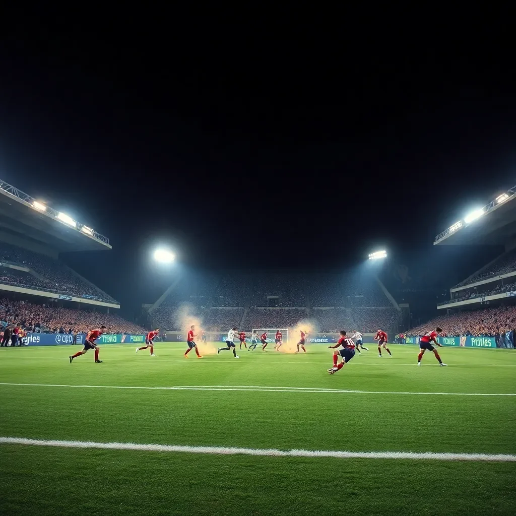 Exciting football field clash under stadium lights.