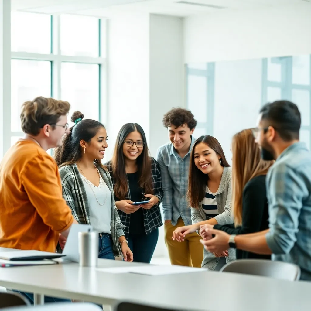 Diverse group collaborating in a bright, modern classroom setting.