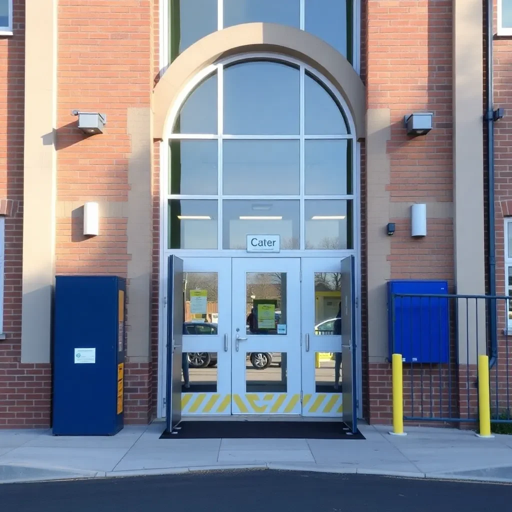 School entrance with enhanced security measures in place.