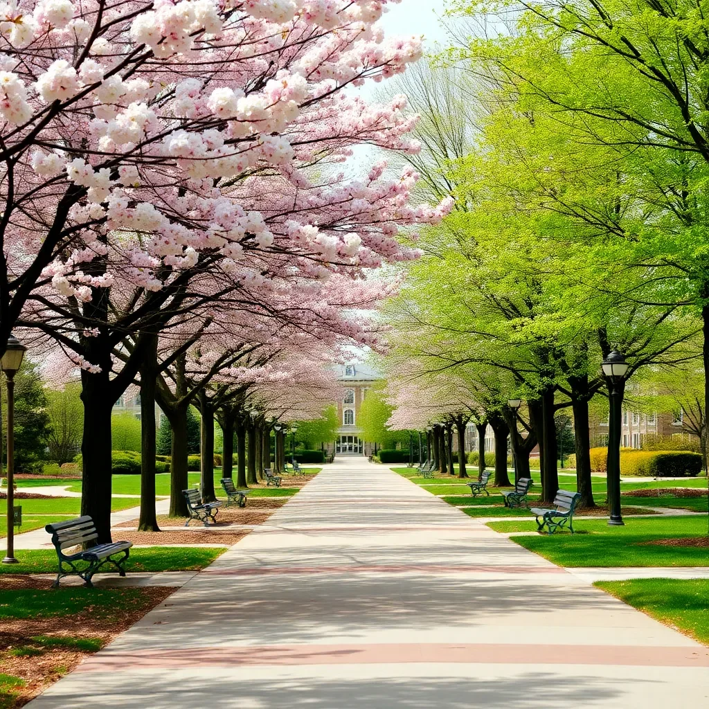 A serene campus setting with blooming trees and empty benches.