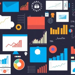 Collage of digital marketing tools and analytics graphs.