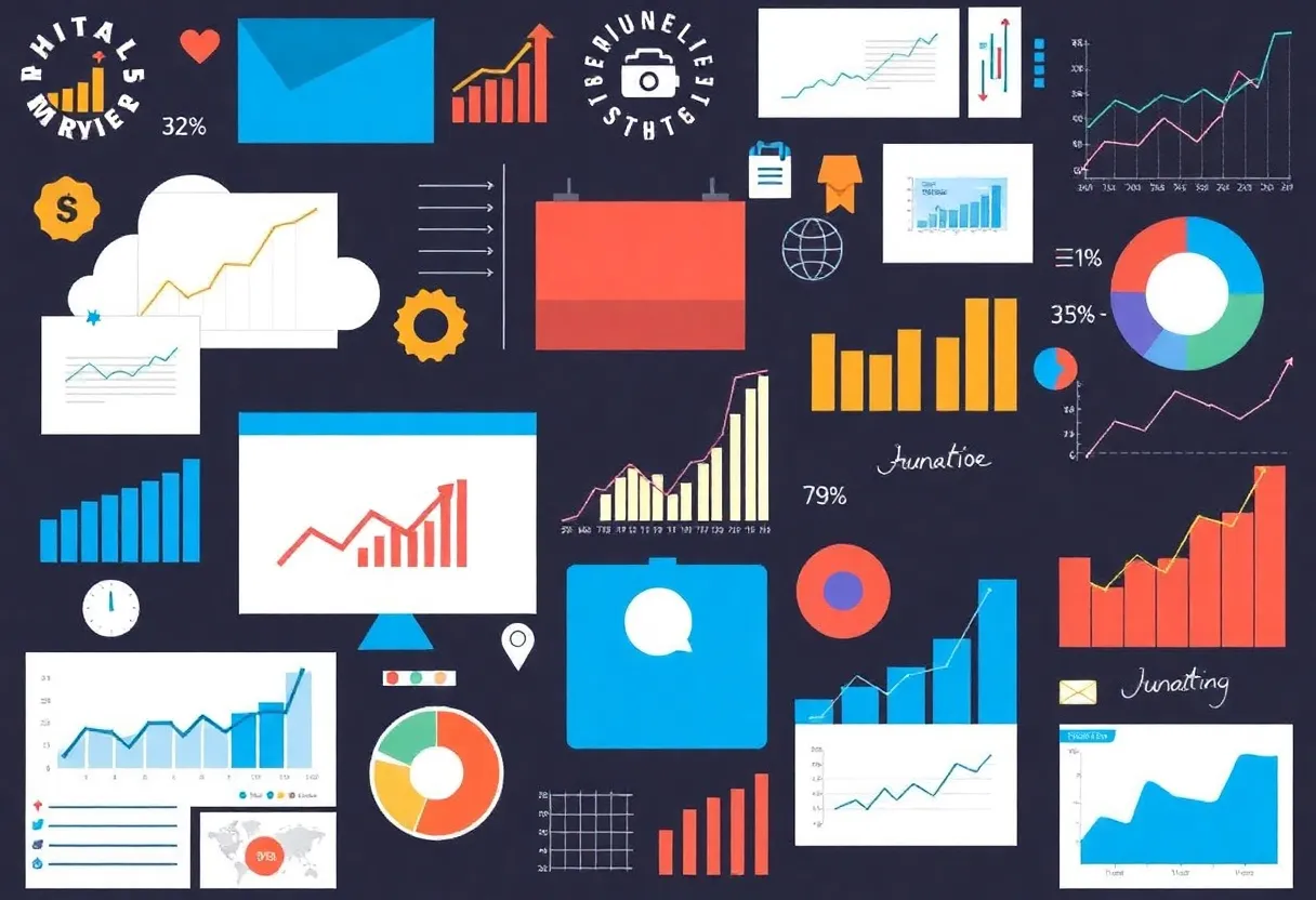 Collage of digital marketing tools and analytics graphs.