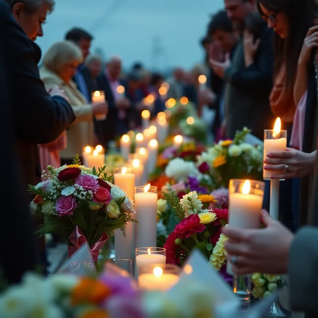 Community gathering with candles and flowers for remembrance.