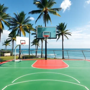 Vibrant basketball court with palm trees and ocean backdrop.