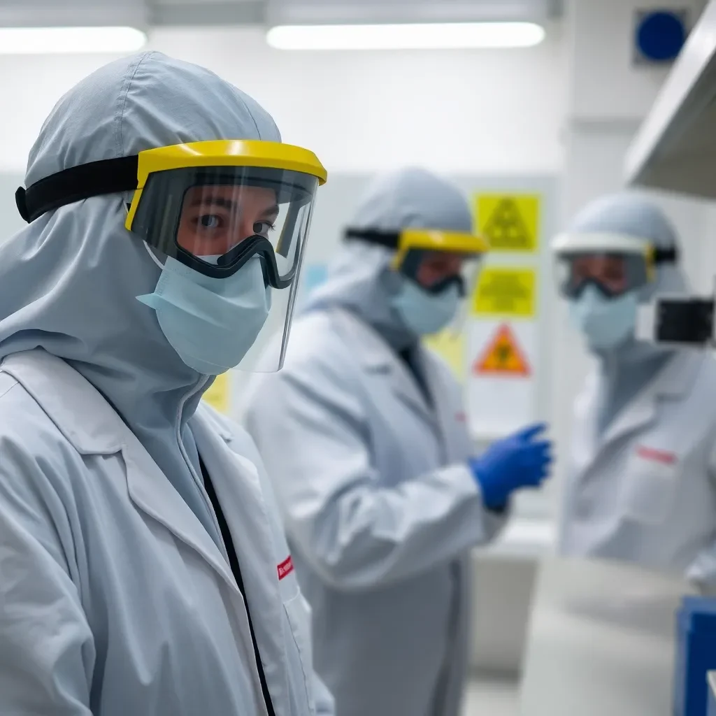 Protective gear in a lab environment with caution signs.