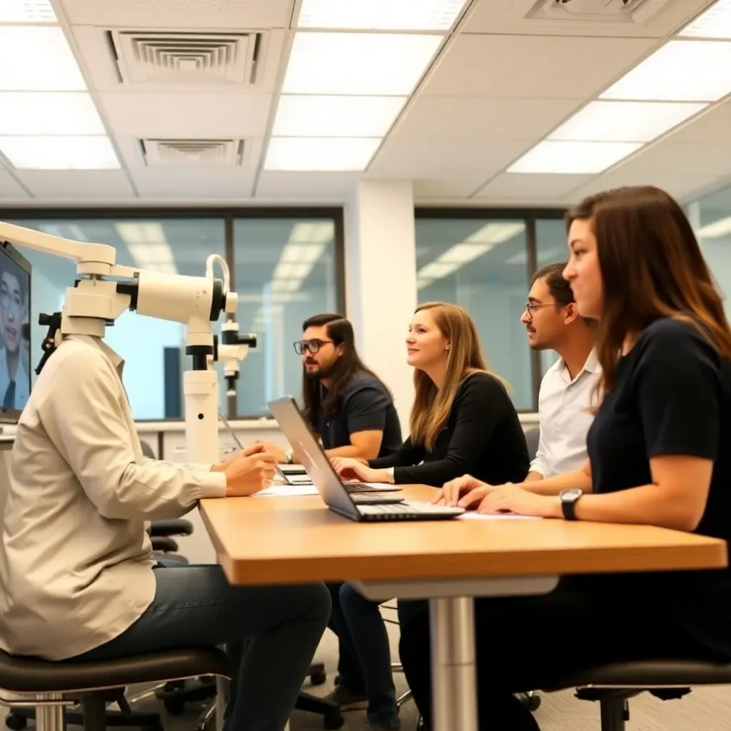 Modern optometry classroom with students engaged in learning.