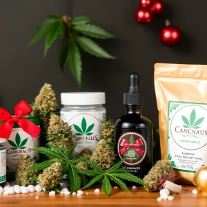 Festive cannabis products displayed for the holiday season.