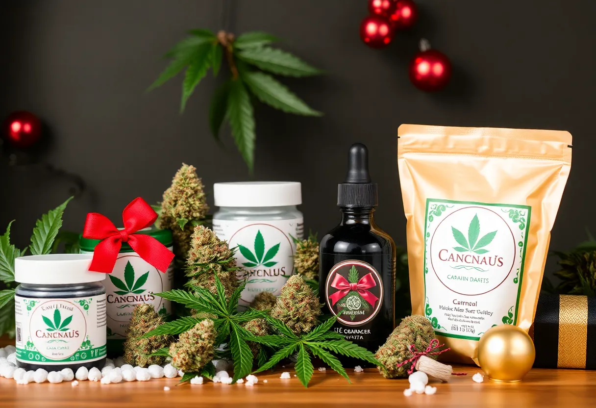 Festive cannabis products displayed for the holiday season.