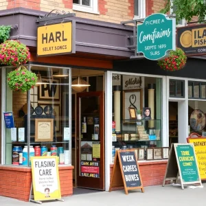 Vibrant local storefronts with engaging signage and community elements.