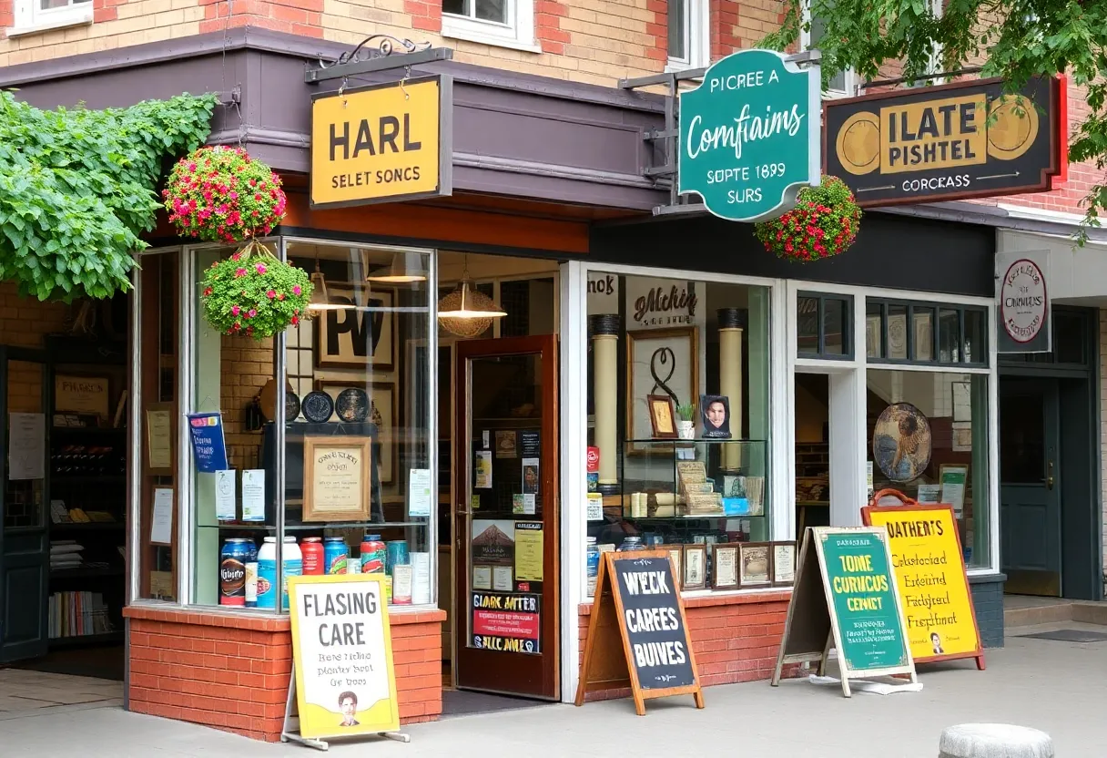 Vibrant local storefronts with engaging signage and community elements.