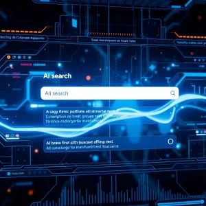 Futuristic digital interface displaying AI-driven search results.