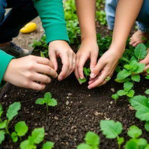 Empowered hands planting seeds in a vibrant community garden.