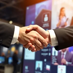 Dynamic corporate handshake over a digital advertising backdrop.