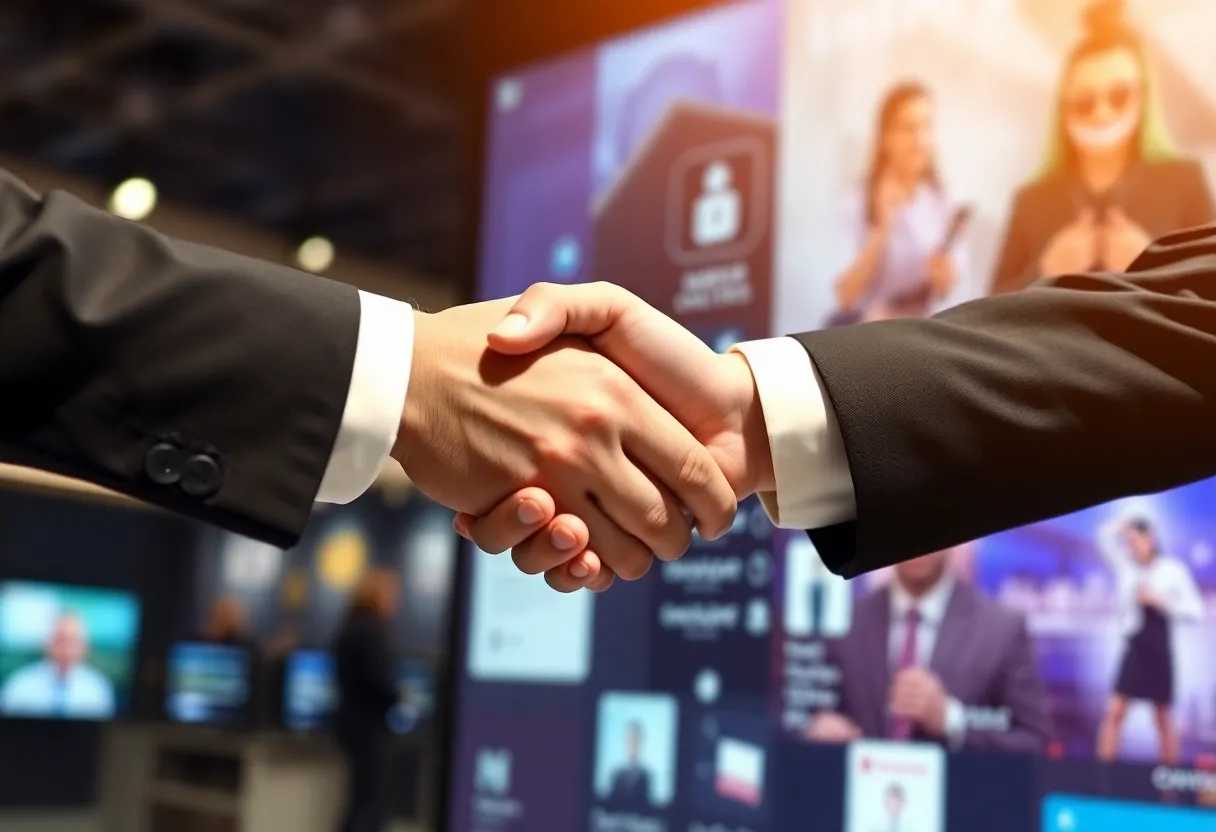 Dynamic corporate handshake over a digital advertising backdrop.